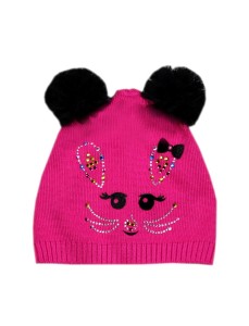 Czapka dla niemowlaka z pomponami wiosenna - malinowa