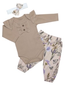 Komplet dziewczęcy body + spodenki + opaska - beżowy