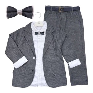 Garnitur dla chłopca 5 elementów z muszką 110/128cm - Szara krata