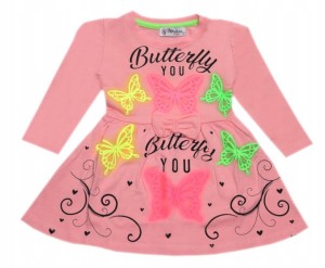 Sukienka dziewczęca bawełniana 80/98 cm neonowa - Motylki 
