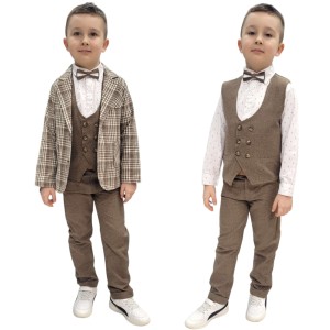 Garnitur chłopięcy 6 częściowy 5-8 lat beżowa - Krata