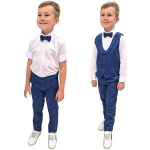  Garnitur elegancki z kamizelką134/152 cm - Jasny Granat