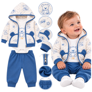 Dres niemowlęcy chłopięcy 3 części 100% bawełna body miś niebieski 62/80 cm
